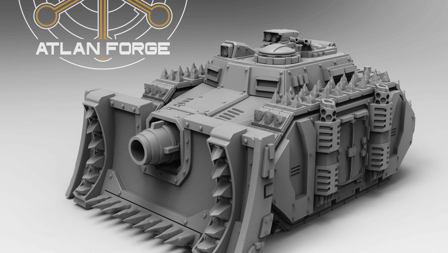 Siege Tank Bulldozer heavy assault vehicle with blade and drill attachments