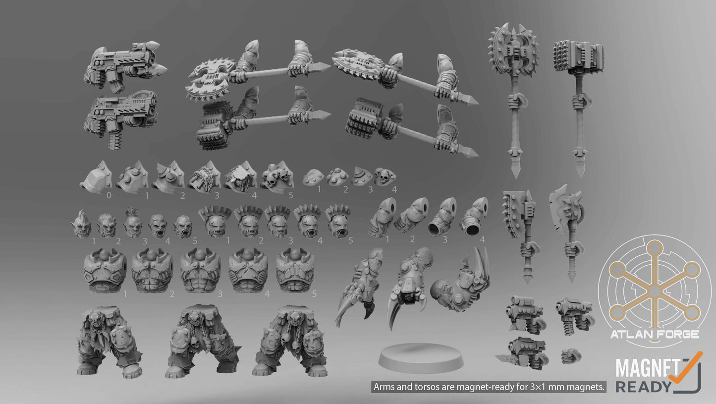 Grokk Warborn squad of five heavily armed sci-fi brute warrior resin miniatures with modular magnet-ready weapon options