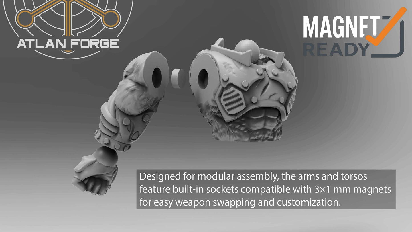 Grokk Warborn squad of five heavily armed sci-fi brute warrior resin miniatures with modular magnet-ready weapon options