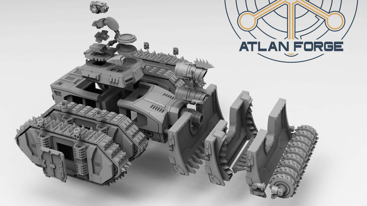Siege Tank Bulldozer heavy assault vehicle with blade and drill attachments