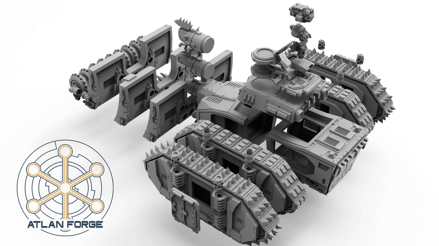 Siege Tank Bulldozer heavy assault vehicle with blade and drill attachments