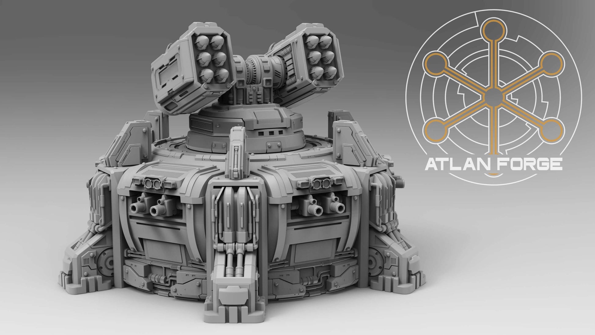Assault Bastion automated defence emplacement resin terrain miniature with twin missile turret, magnet-ready side weapons and 130mm diameter hull
