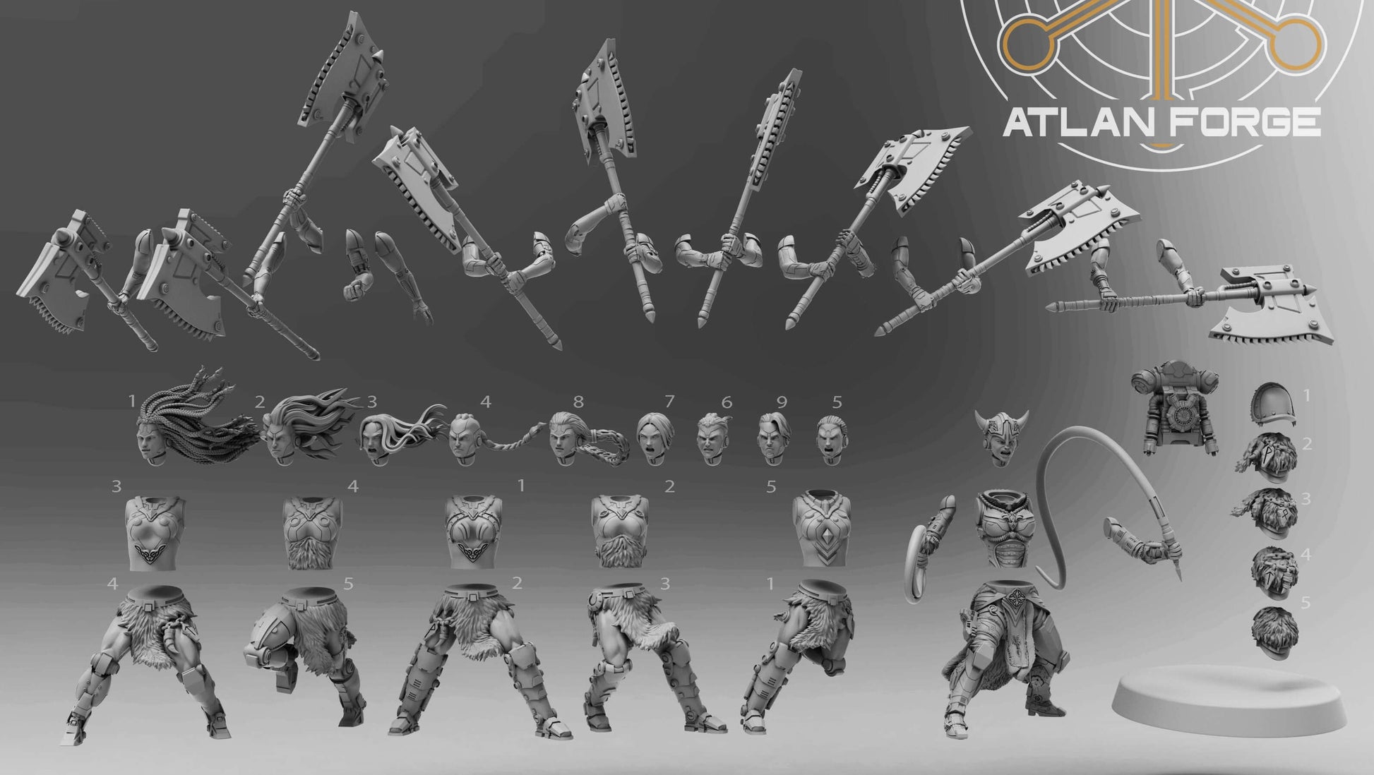 Asgardian Stormwrath Maidens — five modular sci-fi barbarian warrior resin miniatures wielding powered war-axes and arc weapons