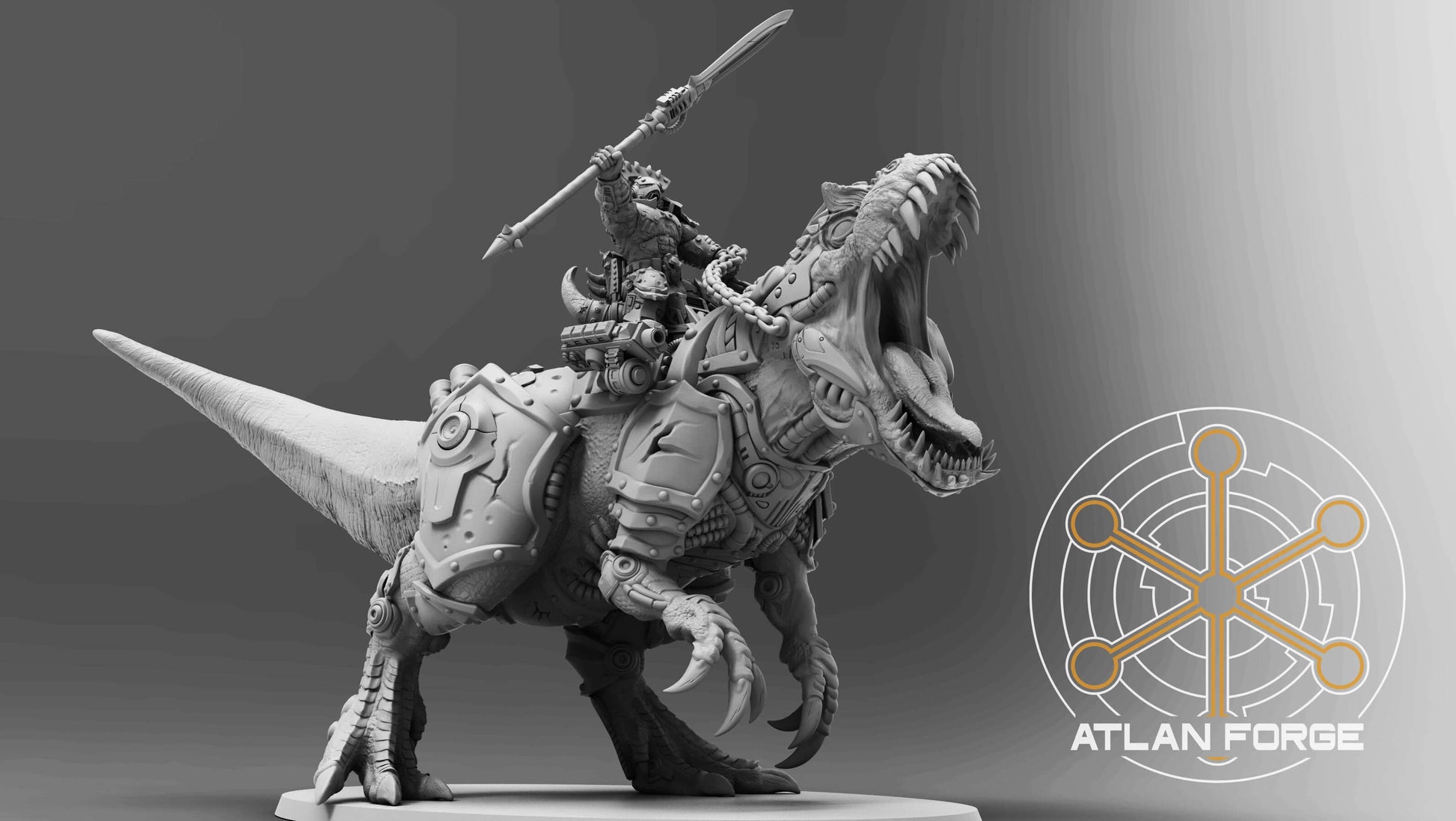 Cybernetic Allosaur armoured dinosaur mount resin miniature with rider, modular weapons and magnet-ready weapon hardpoints