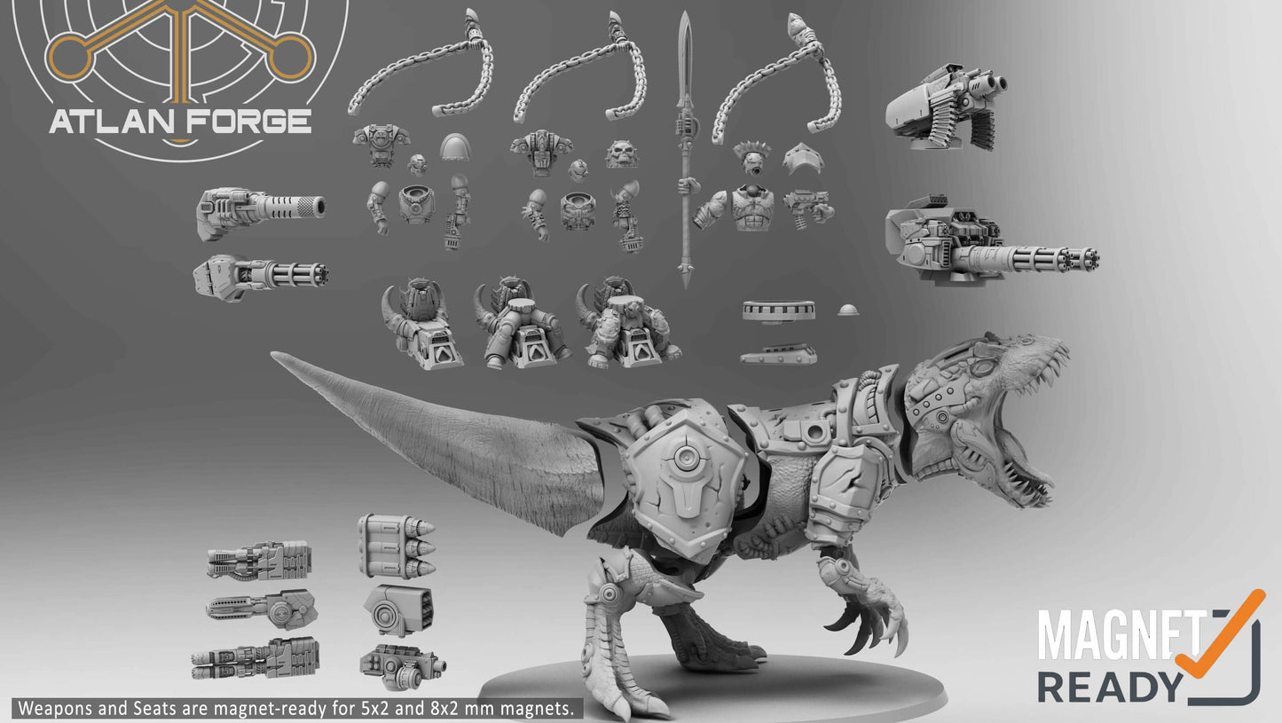 Cybernetic Allosaur armoured dinosaur mount resin miniature with rider, modular weapons and magnet-ready weapon hardpoints