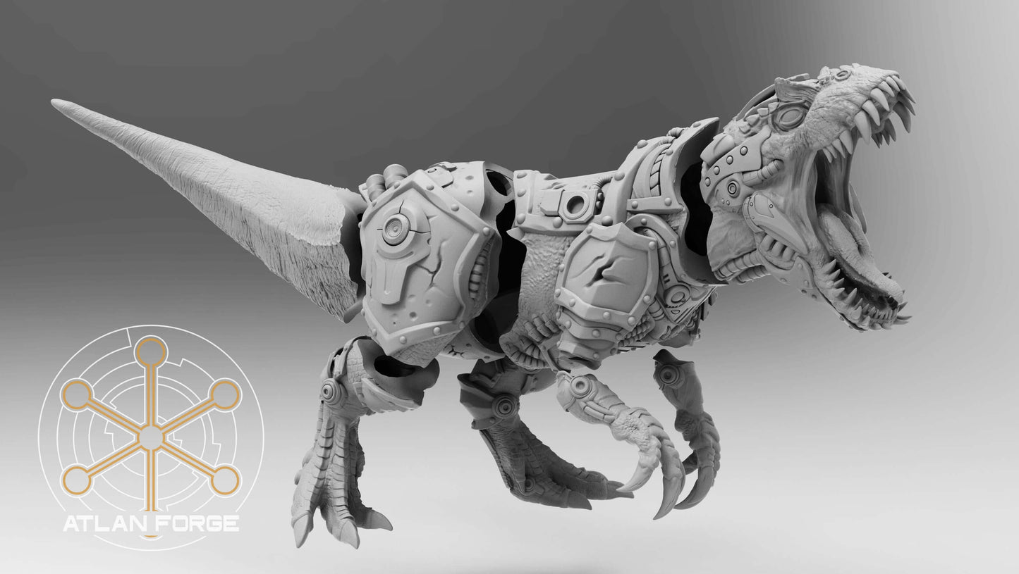 Cybernetic Allosaur armoured dinosaur mount resin miniature with rider, modular weapons and magnet-ready weapon hardpoints