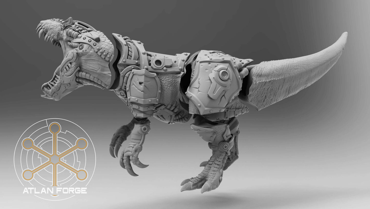 Cybernetic Allosaur armoured dinosaur mount resin miniature with rider, modular weapons and magnet-ready weapon hardpoints
