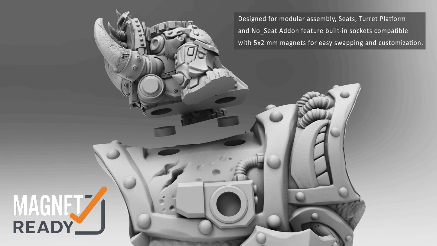 Cybernetic Allosaur armoured dinosaur mount resin miniature with rider, modular weapons and magnet-ready weapon hardpoints