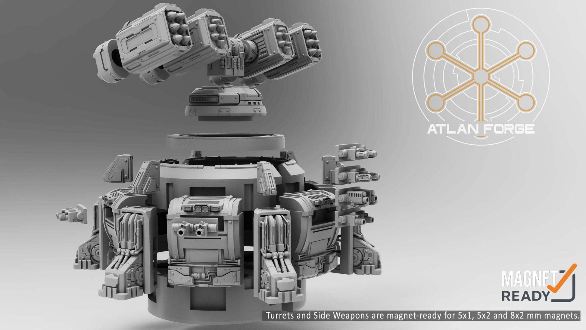 Assault Bastion automated defence emplacement resin terrain miniature with twin missile turret, magnet-ready side weapons and 130mm diameter hull