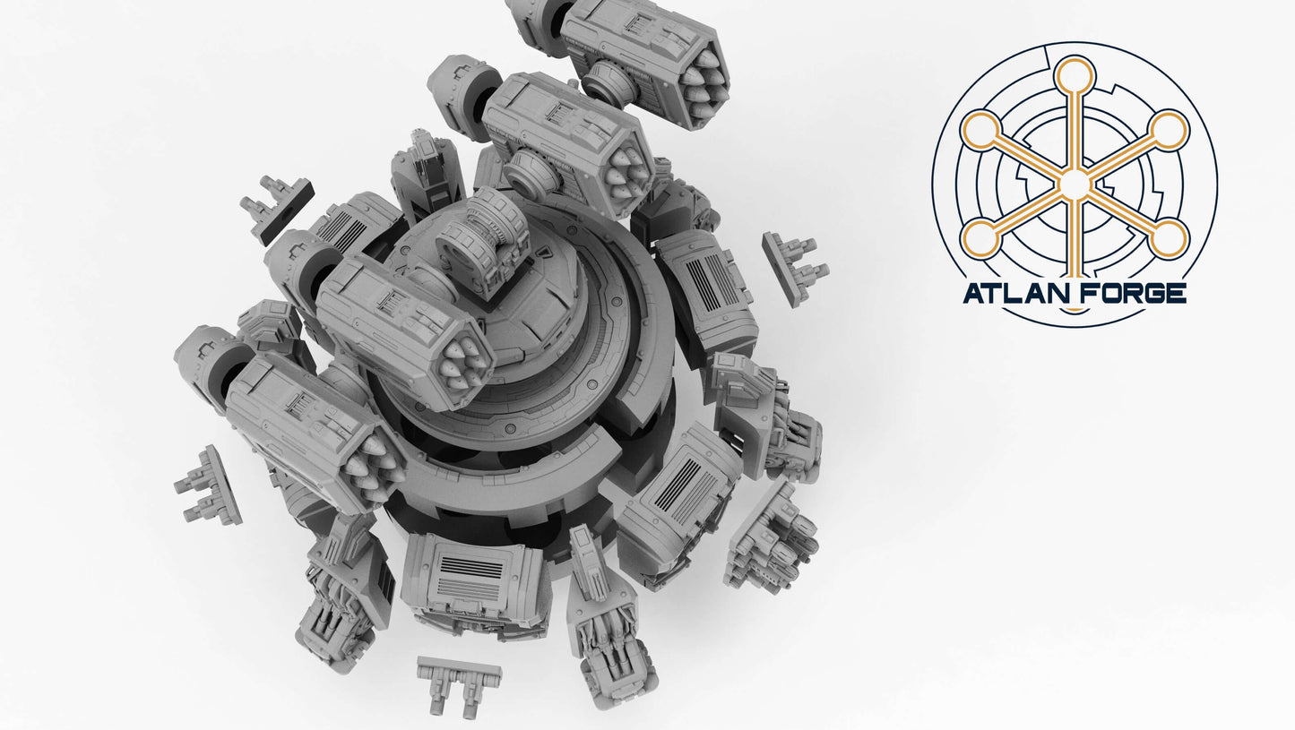 Assault Bastion automated defence emplacement resin terrain miniature with twin missile turret, magnet-ready side weapons and 130mm diameter hull
