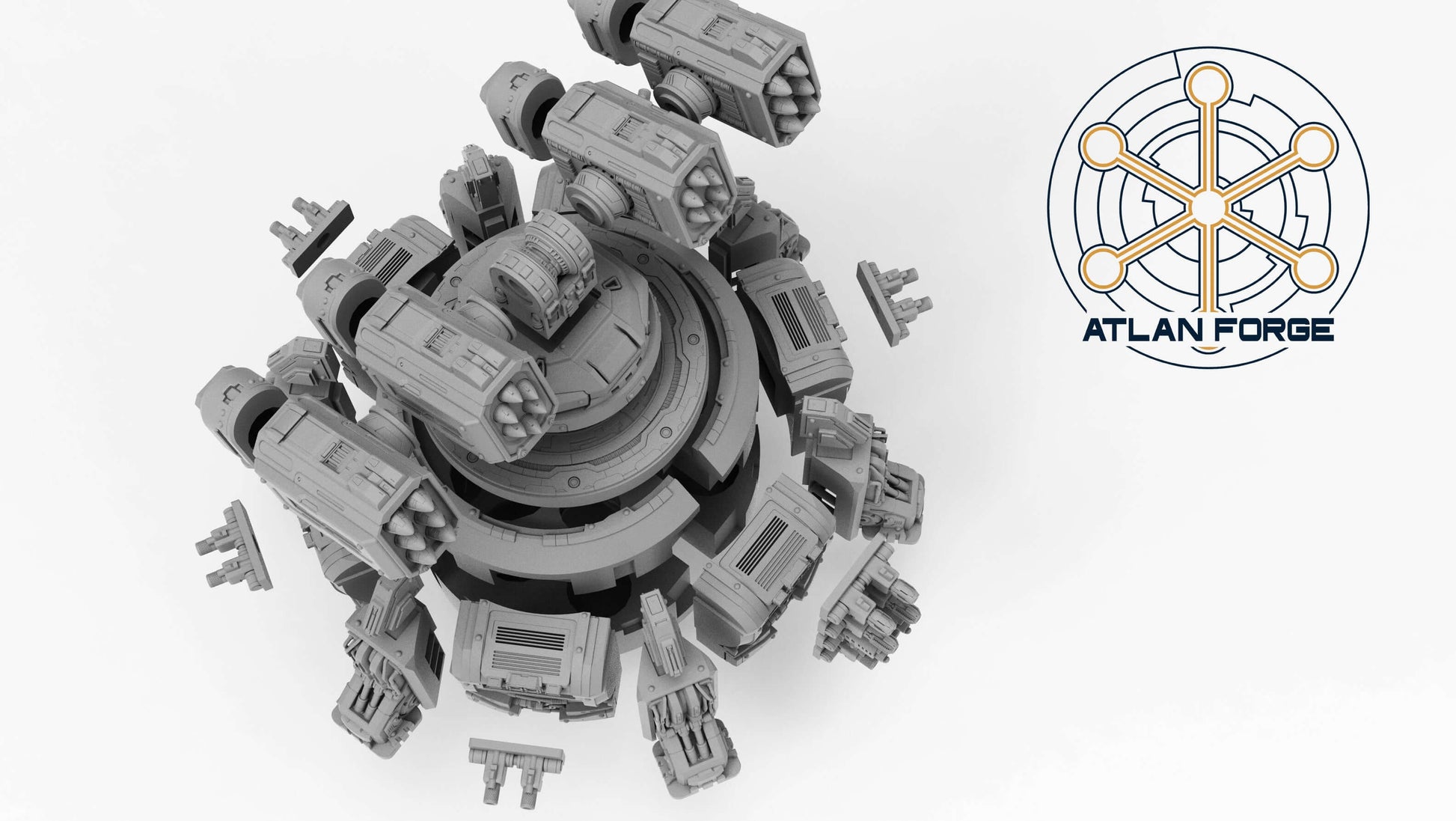 Assault Bastion automated defence emplacement resin terrain miniature with twin missile turret, magnet-ready side weapons and 130mm diameter hull