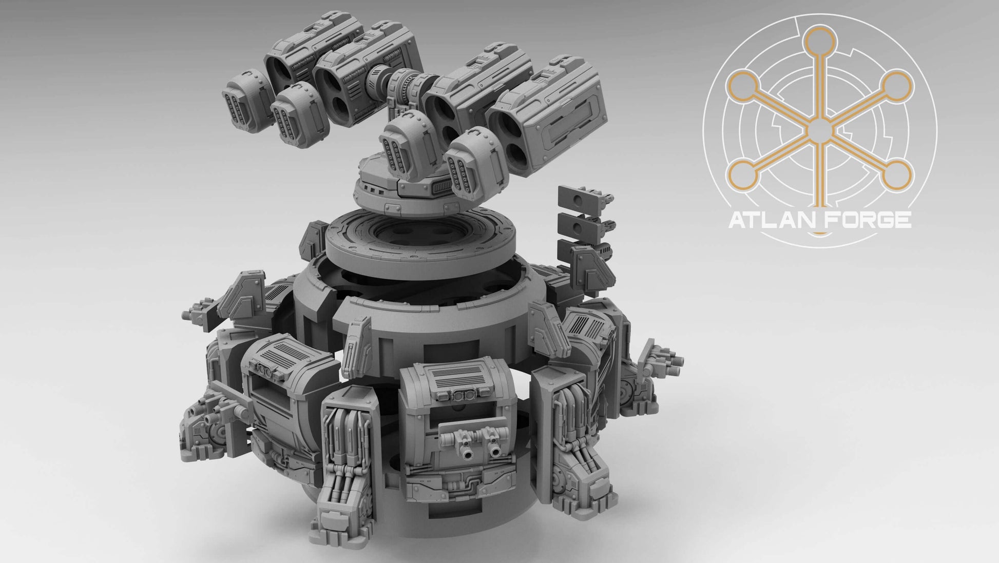 Assault Bastion automated defence emplacement resin terrain miniature with twin missile turret, magnet-ready side weapons and 130mm diameter hull
