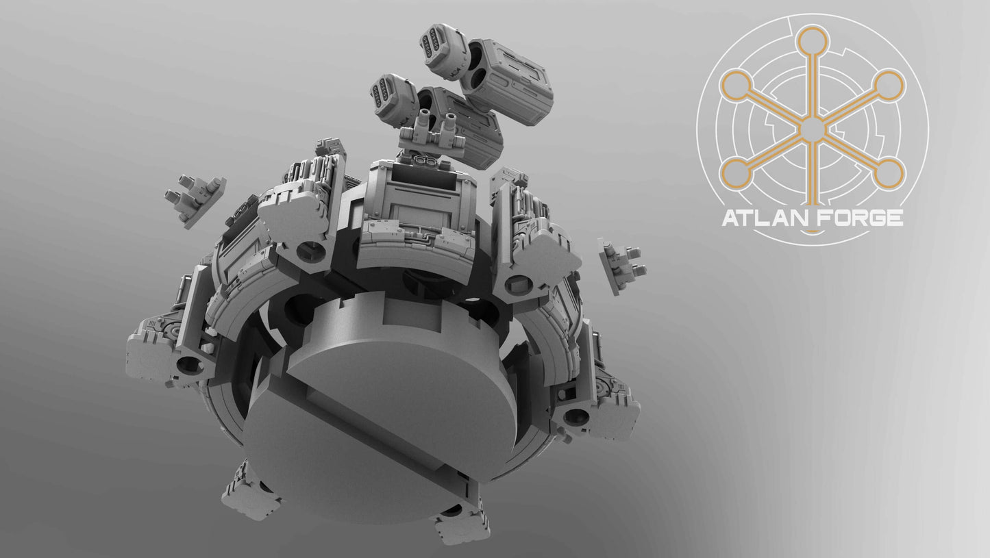 Assault Bastion automated defence emplacement resin terrain miniature with twin missile turret, magnet-ready side weapons and 130mm diameter hull