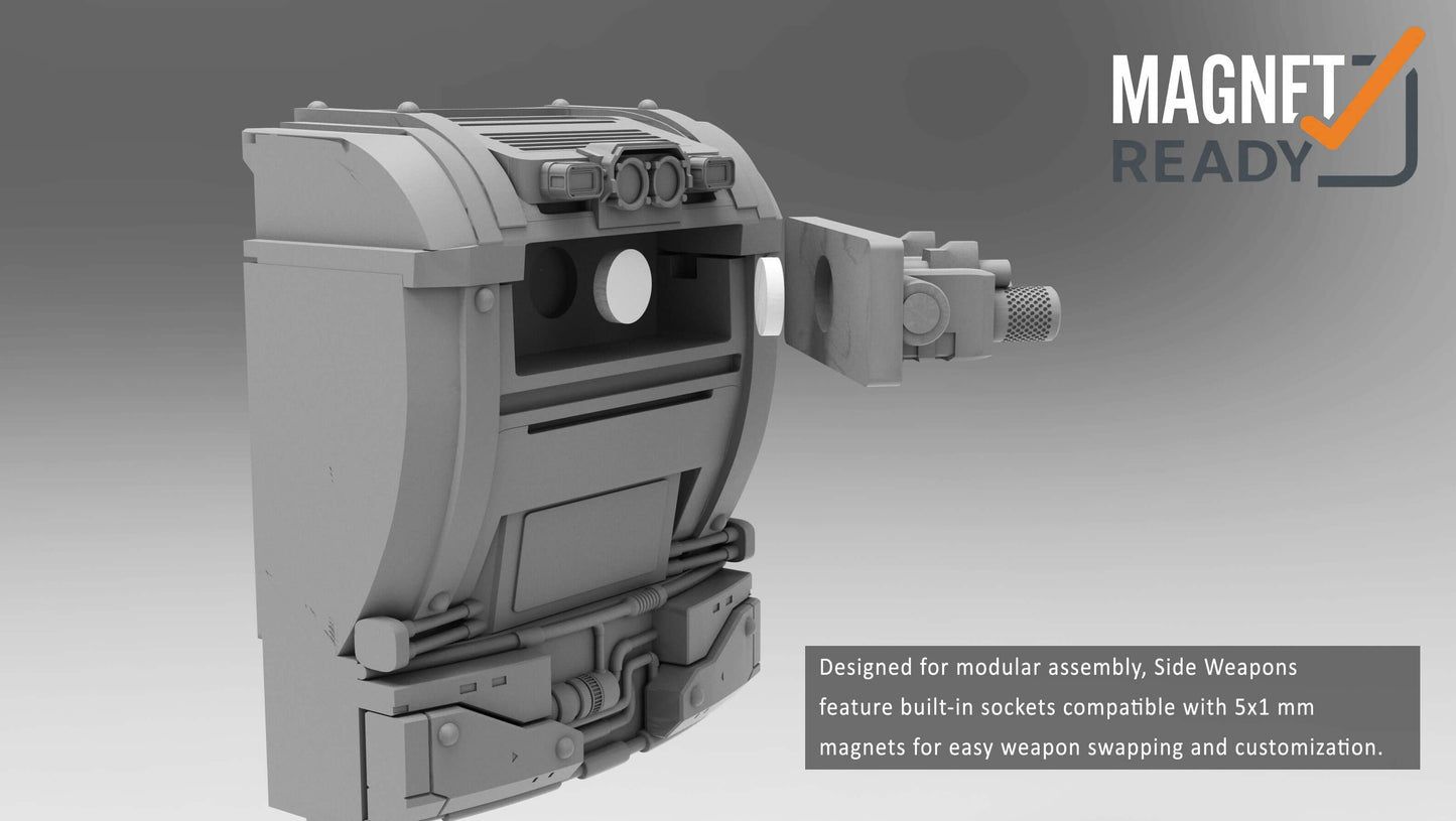 Assault Bastion automated defence emplacement resin terrain miniature with twin missile turret, magnet-ready side weapons and 130mm diameter hull