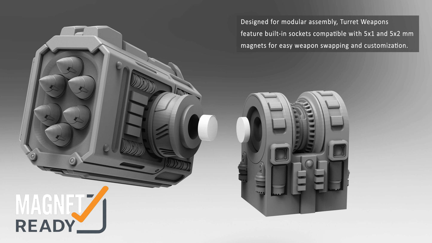 Assault Bastion automated defence emplacement resin terrain miniature with twin missile turret, magnet-ready side weapons and 130mm diameter hull