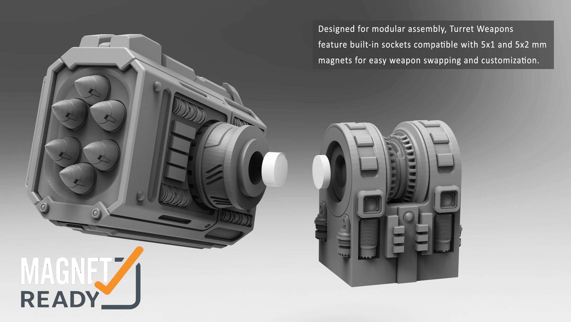 Assault Bastion automated defence emplacement resin terrain miniature with twin missile turret, magnet-ready side weapons and 130mm diameter hull