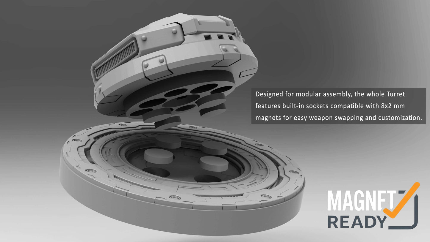 Assault Bastion automated defence emplacement resin terrain miniature with twin missile turret, magnet-ready side weapons and 130mm diameter hull