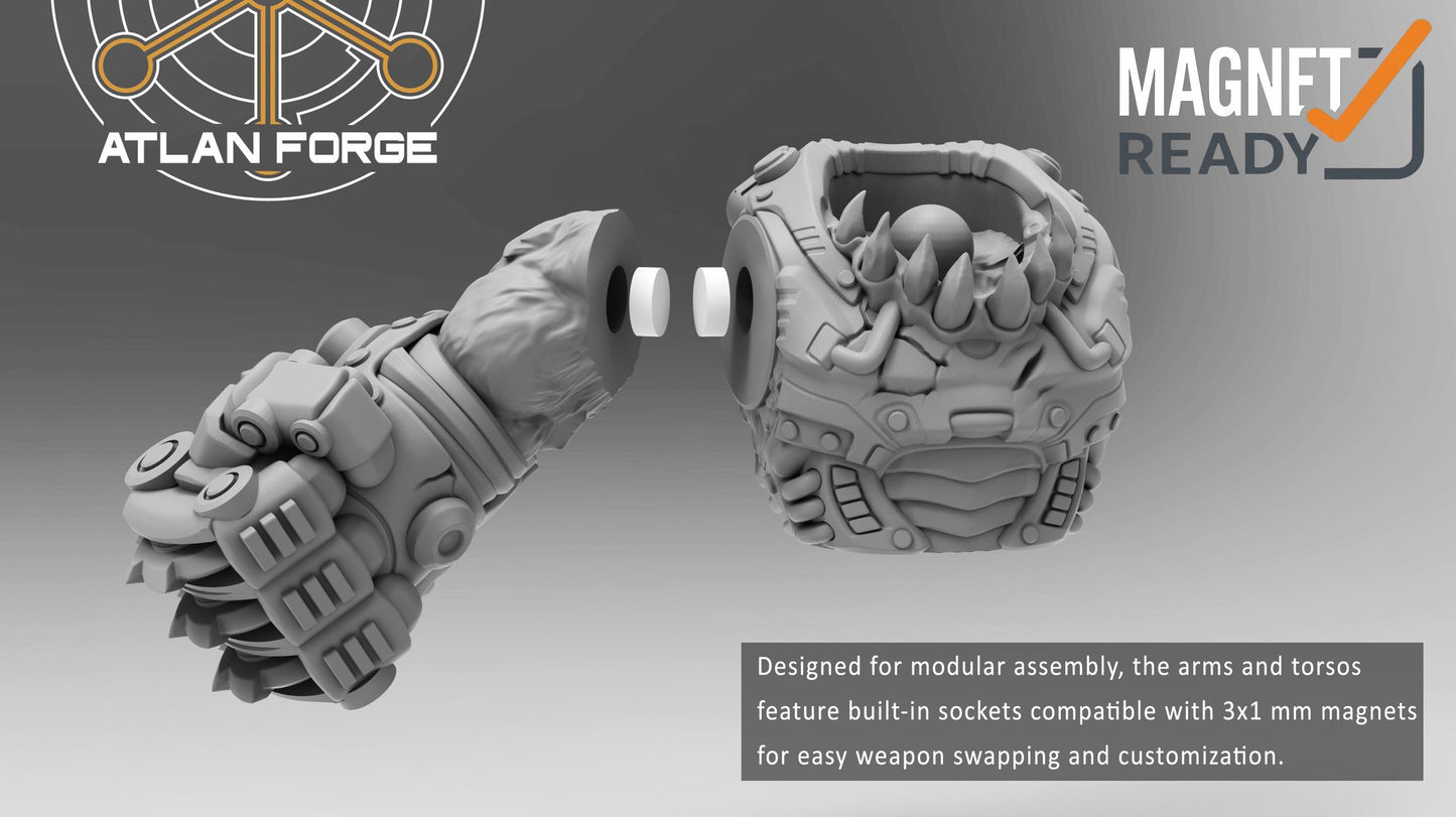 Exploded view of Bonebreaker torso and arm showing built-in 3x1mm magnet socket for modular weapon swapping