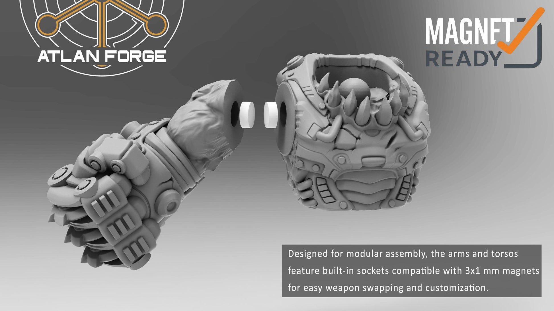Exploded view of Bonebreaker torso and arm showing built-in 3x1mm magnet socket for modular weapon swapping