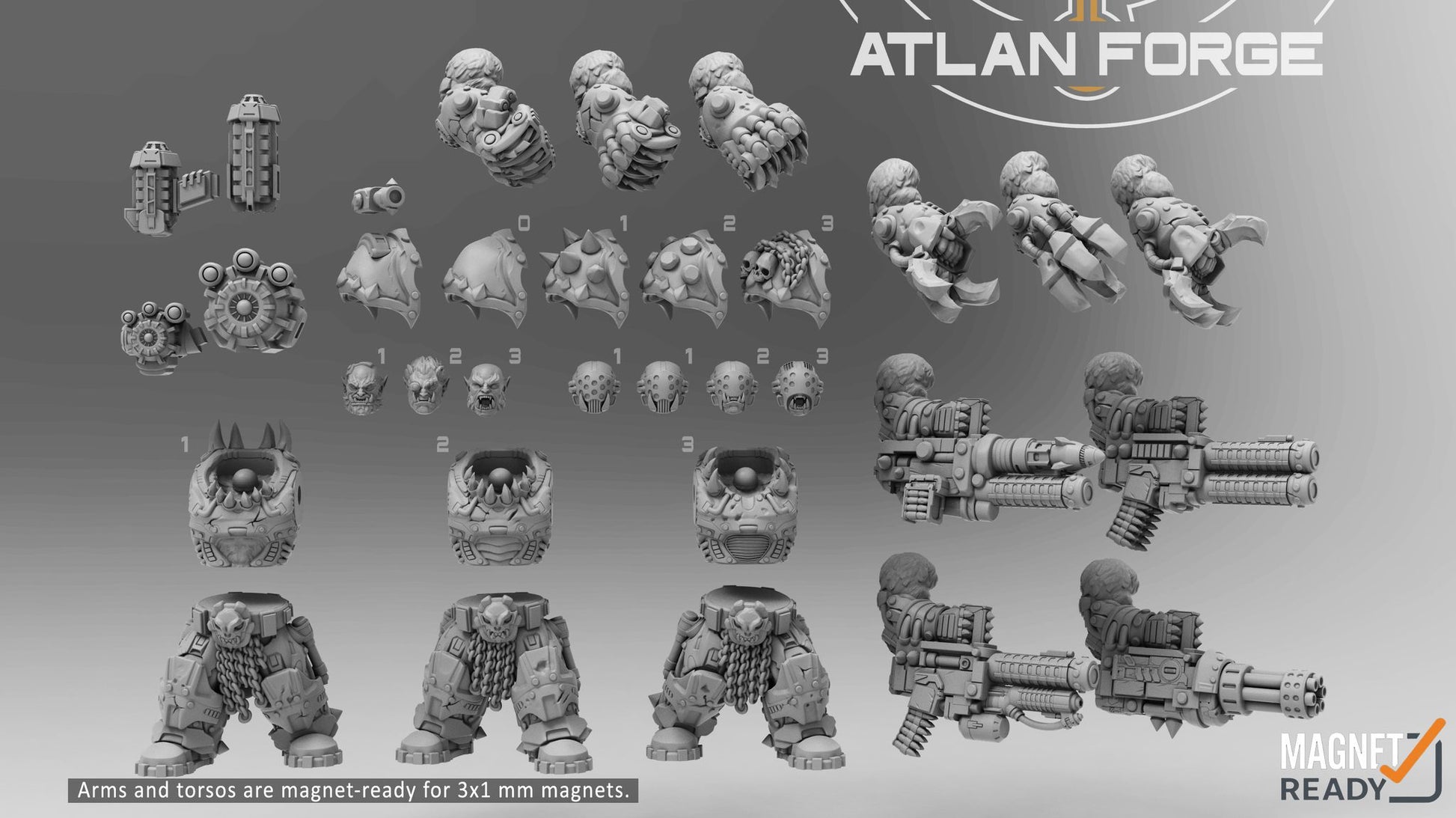 Full parts layout showing all modular components including torsos, heads, weapons, shoulder plates and arm options