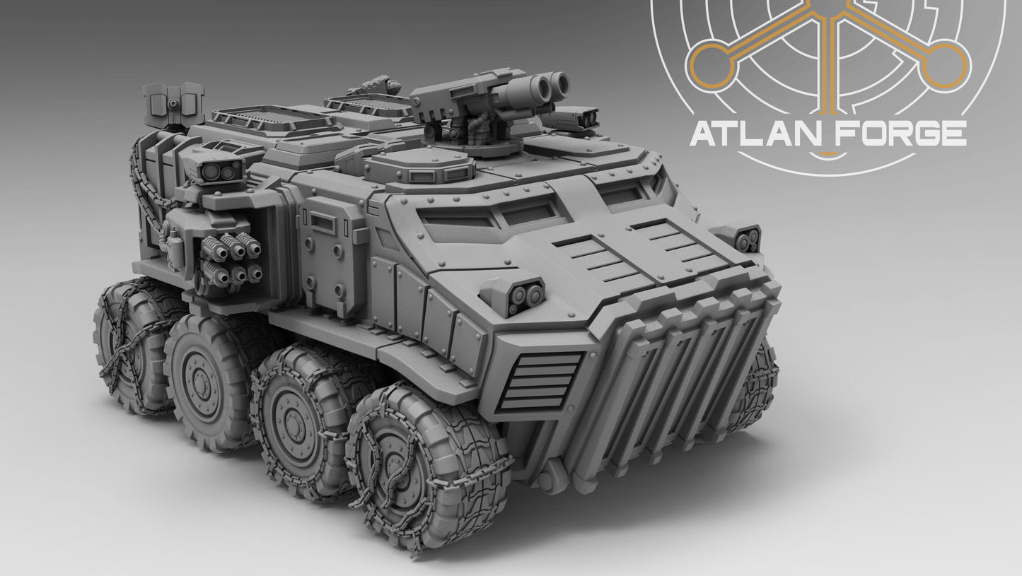 Vanguard Assault Carrier sci-fi armoured transport resin miniature, wheeled and tracked variants with rotary turret, AtlanForge