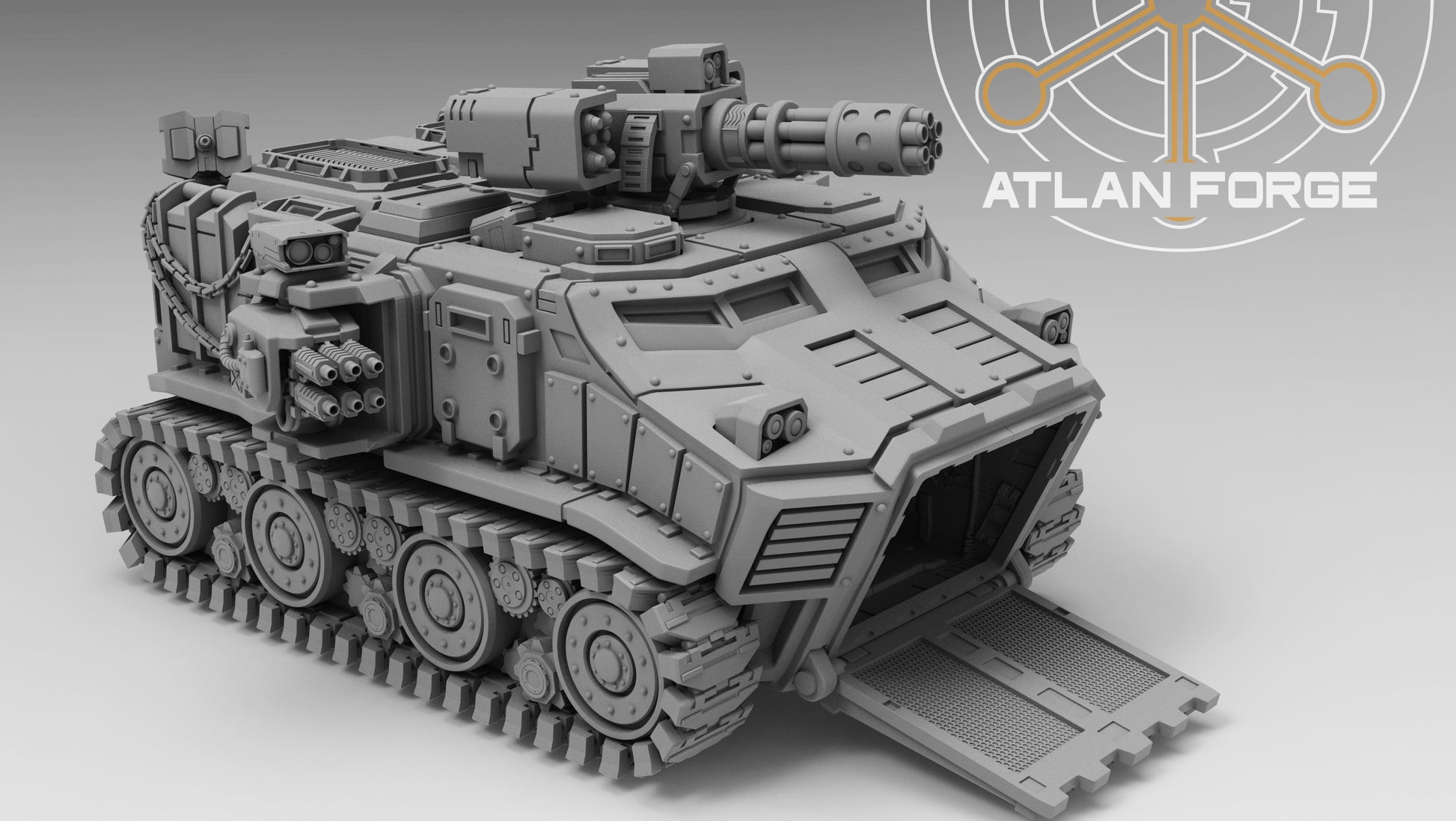 Vanguard Assault Carrier sci-fi armoured transport resin miniature, wheeled and tracked variants with rotary turret, AtlanForge