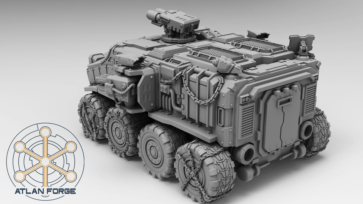 Vanguard Assault Carrier sci-fi armoured transport resin miniature, wheeled and tracked variants with rotary turret, AtlanForge