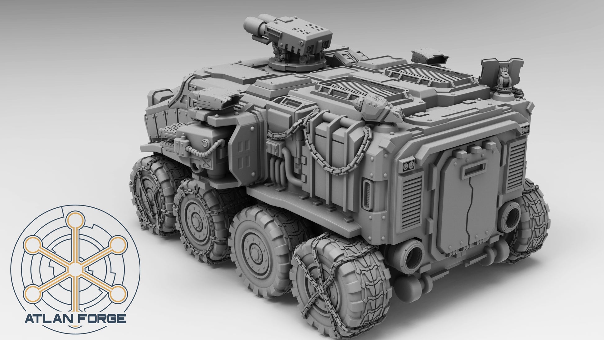 Vanguard Assault Carrier sci-fi armoured transport resin miniature, wheeled and tracked variants with rotary turret, AtlanForge