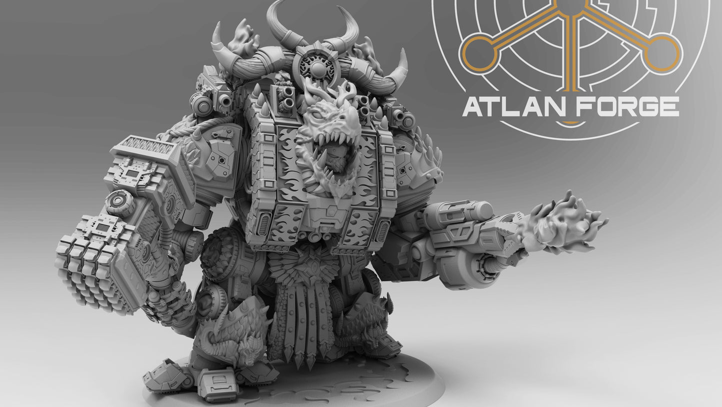 Dragon Dreadnought resin miniature by AtlanForge showing a heavily armoured mech walker with draconic iconography, scaled armour panels, twin cannons, and horned head crest, approximately 80 to 100mm tall
