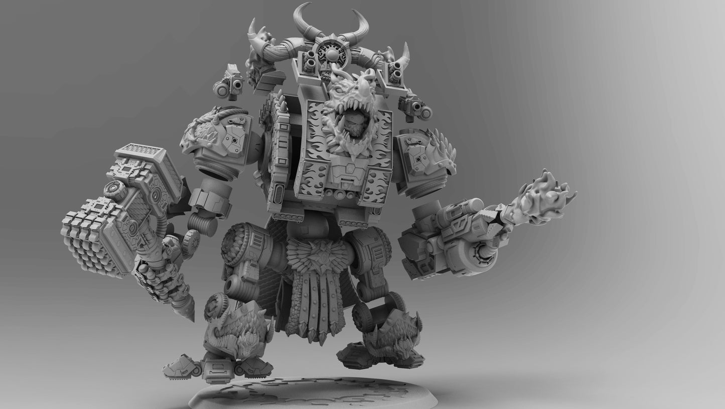 Dragon Dreadnought resin miniature by AtlanForge showing a heavily armoured mech walker with draconic iconography, scaled armour panels, twin cannons, and horned head crest, approximately 80 to 100mm tall