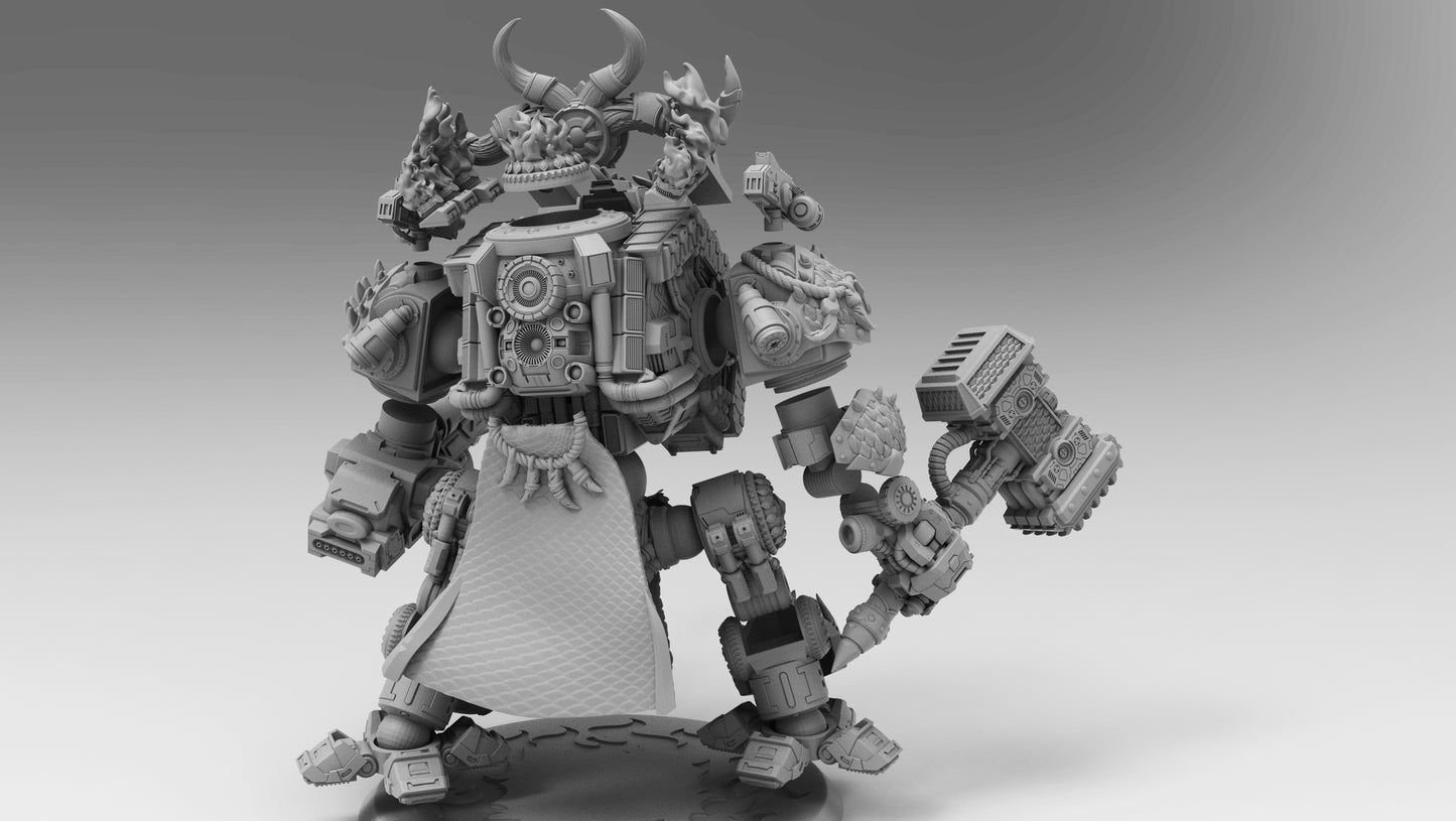 Dragon Dreadnought resin miniature by AtlanForge showing a heavily armoured mech walker with draconic iconography, scaled armour panels, twin cannons, and horned head crest, approximately 80 to 100mm tall