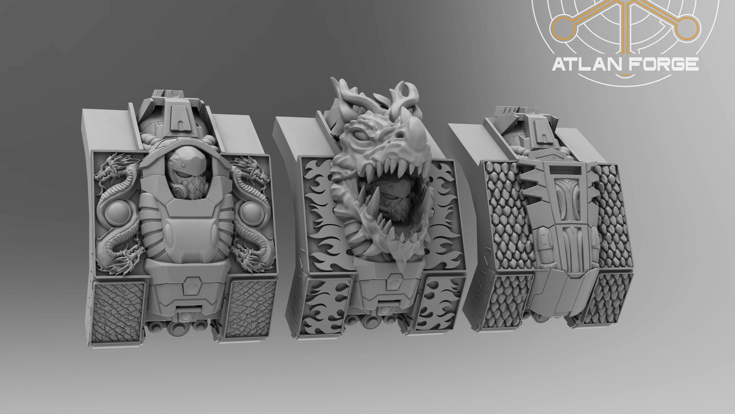 Dragon Dreadnought resin miniature by AtlanForge showing a heavily armoured mech walker with draconic iconography, scaled armour panels, twin cannons, and horned head crest, approximately 80 to 100mm tall