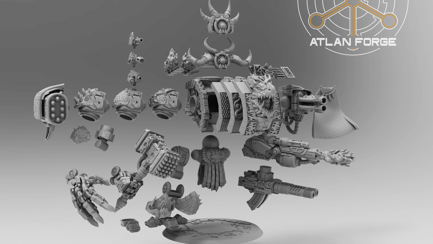Dragon Dreadnought resin miniature by AtlanForge showing a heavily armoured mech walker with draconic iconography, scaled armour panels, twin cannons, and horned head crest, approximately 80 to 100mm tall