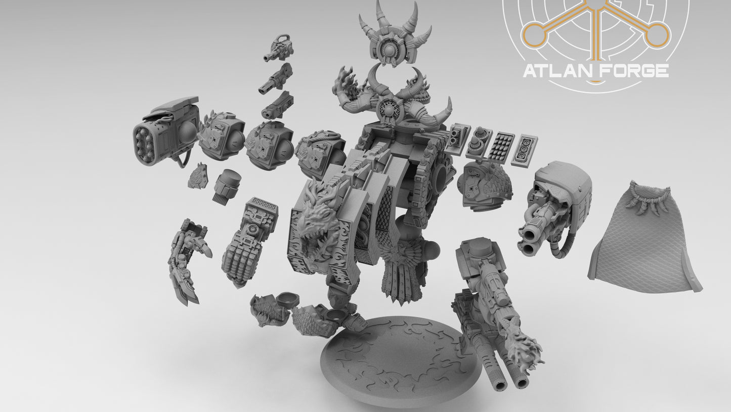 Dragon Dreadnought resin miniature by AtlanForge showing a heavily armoured mech walker with draconic iconography, scaled armour panels, twin cannons, and horned head crest, approximately 80 to 100mm tall