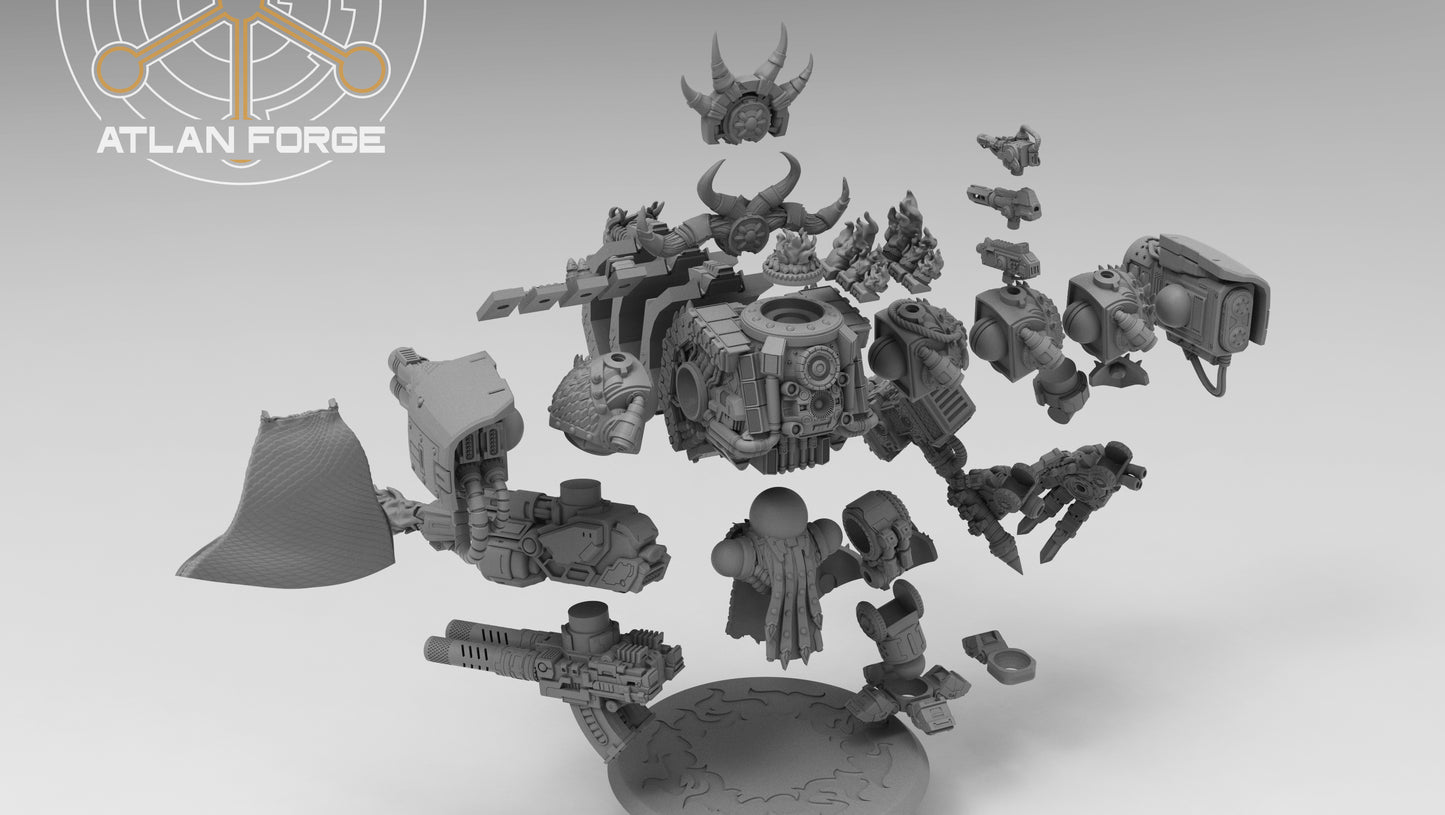 Dragon Dreadnought resin miniature by AtlanForge showing a heavily armoured mech walker with draconic iconography, scaled armour panels, twin cannons, and horned head crest, approximately 80 to 100mm tall