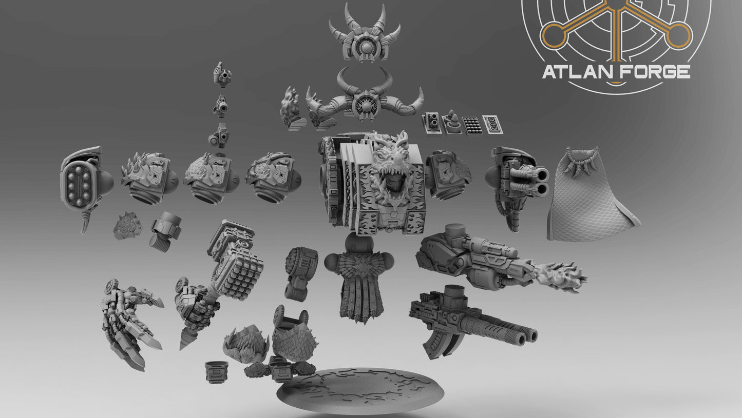 Dragon Dreadnought resin miniature by AtlanForge showing a heavily armoured mech walker with draconic iconography, scaled armour panels, twin cannons, and horned head crest, approximately 80 to 100mm tall