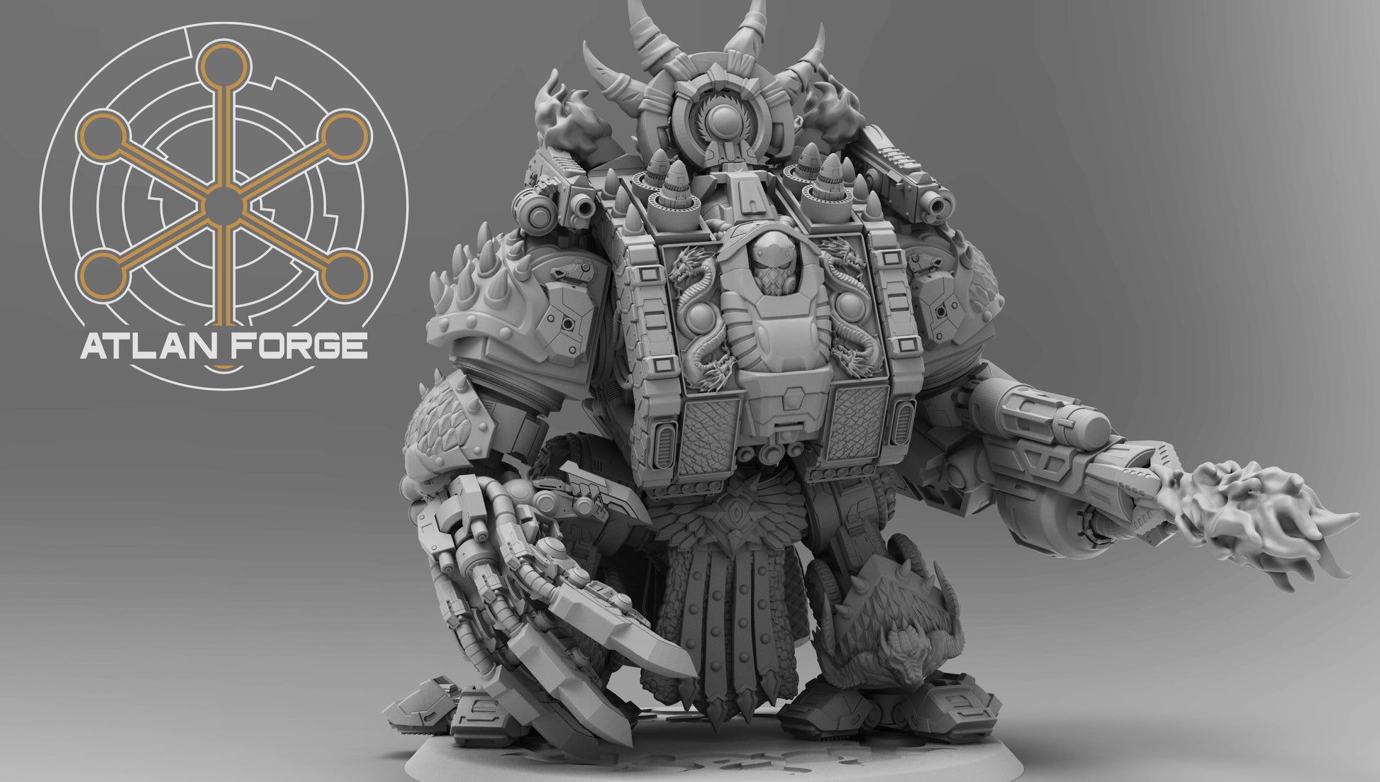 Dragon Dreadnought — view 14Dragon Dreadnought resin miniature by AtlanForge showing a heavily armoured mech walker with draconic iconography, scaled armour panels, twin cannons, and horned head crest, approximately 80 to 100mm tall