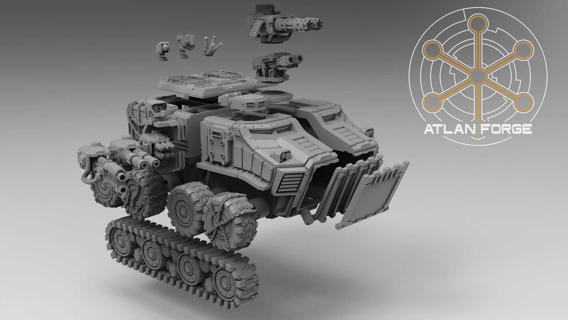 Vanguard Assault Carrier sci-fi armoured transport resin miniature, wheeled and tracked variants with rotary turret, AtlanForge