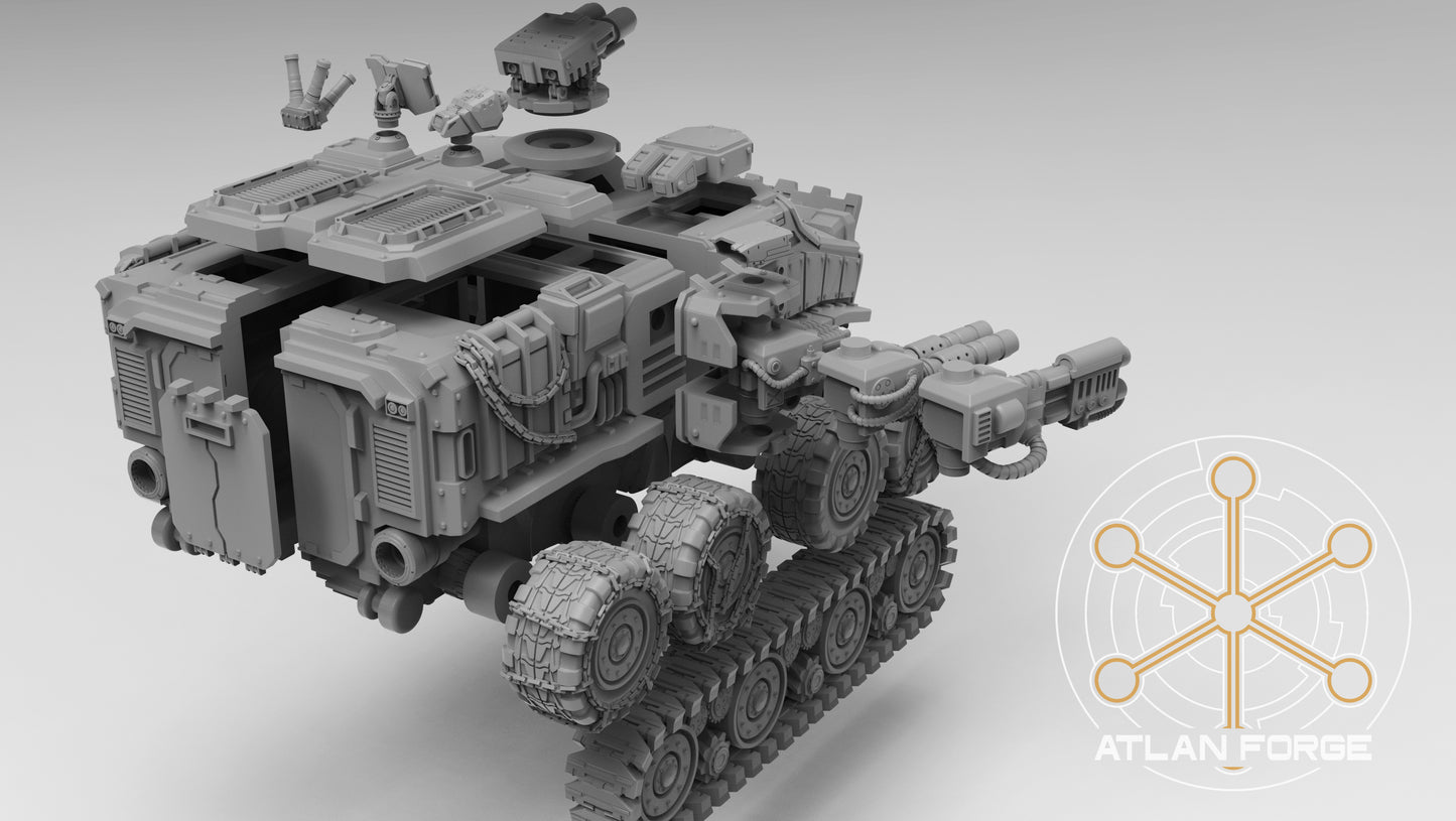 Vanguard Assault Carrier sci-fi armoured transport resin miniature, wheeled and tracked variants with rotary turret, AtlanForge