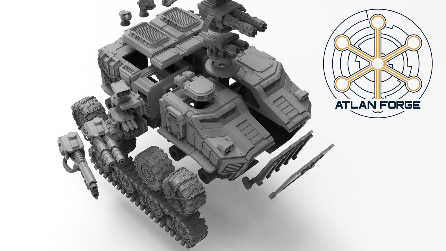 Vanguard Assault Carrier sci-fi armoured transport resin miniature, wheeled and tracked variants with rotary turret, AtlanForge