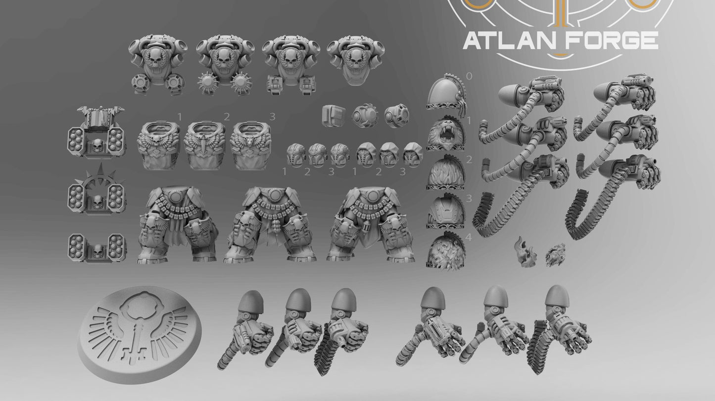 Flat lay of all modular components included in the kit showing torsos, heads, pauldrons, arms, weapons, and bases