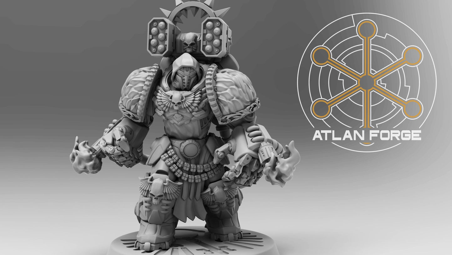 Single figure rendered in greyscale showing full armour surface detail including feathered trim and ornate knee guards
