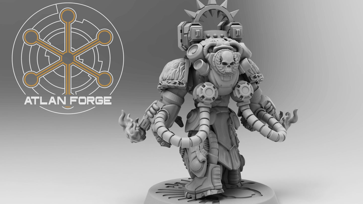 Single figure rendered in greyscale showing full armour surface detail including feathered trim and ornate knee guards
