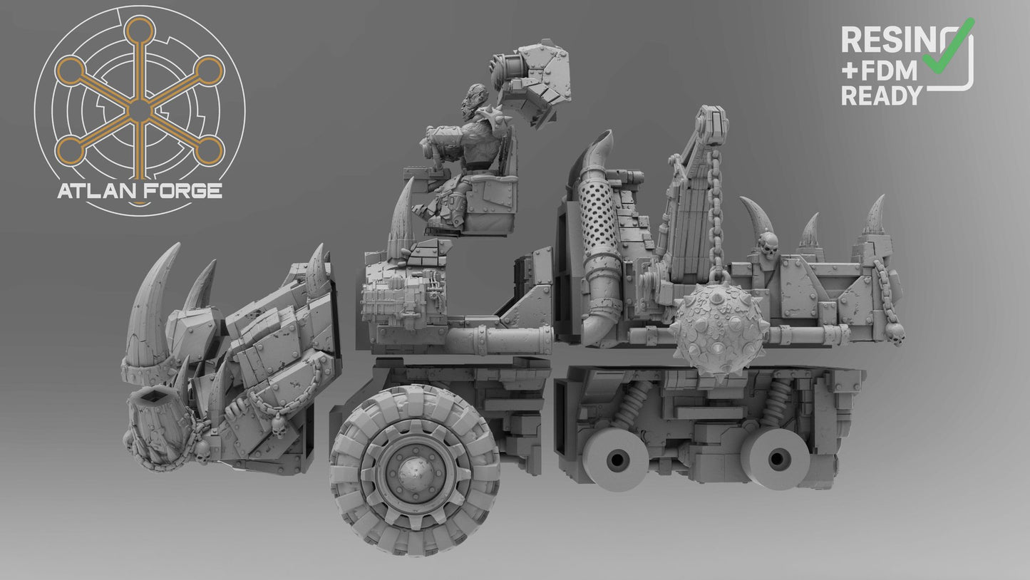 Exploded grey resin parts layout showing separated front assembly, chassis sections, and crew figure