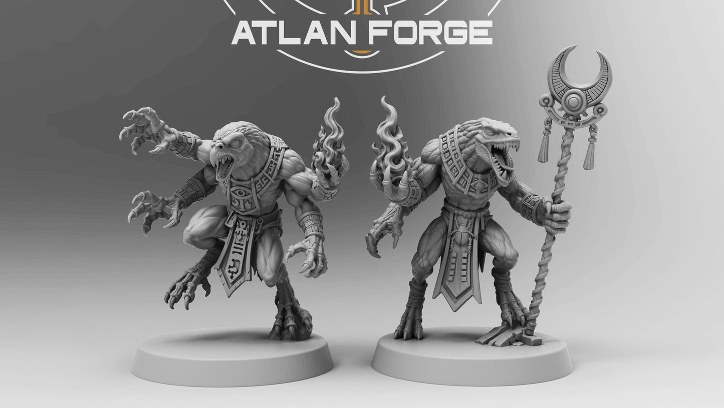 Close-up of two crocodilian demon variants showing hieroglyphic armour detail, flame effects and crescent moon staff