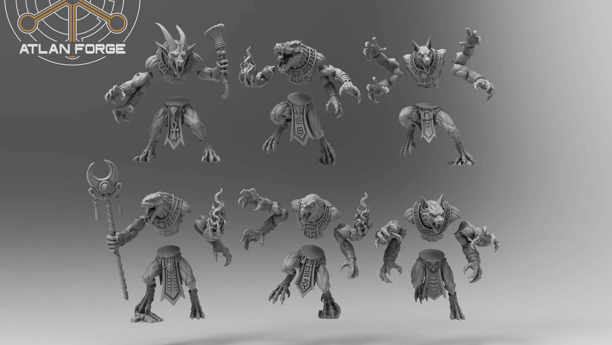Modular component spread for the Terror Demons set displaying interchangeable heads, arms, weapons and bodies