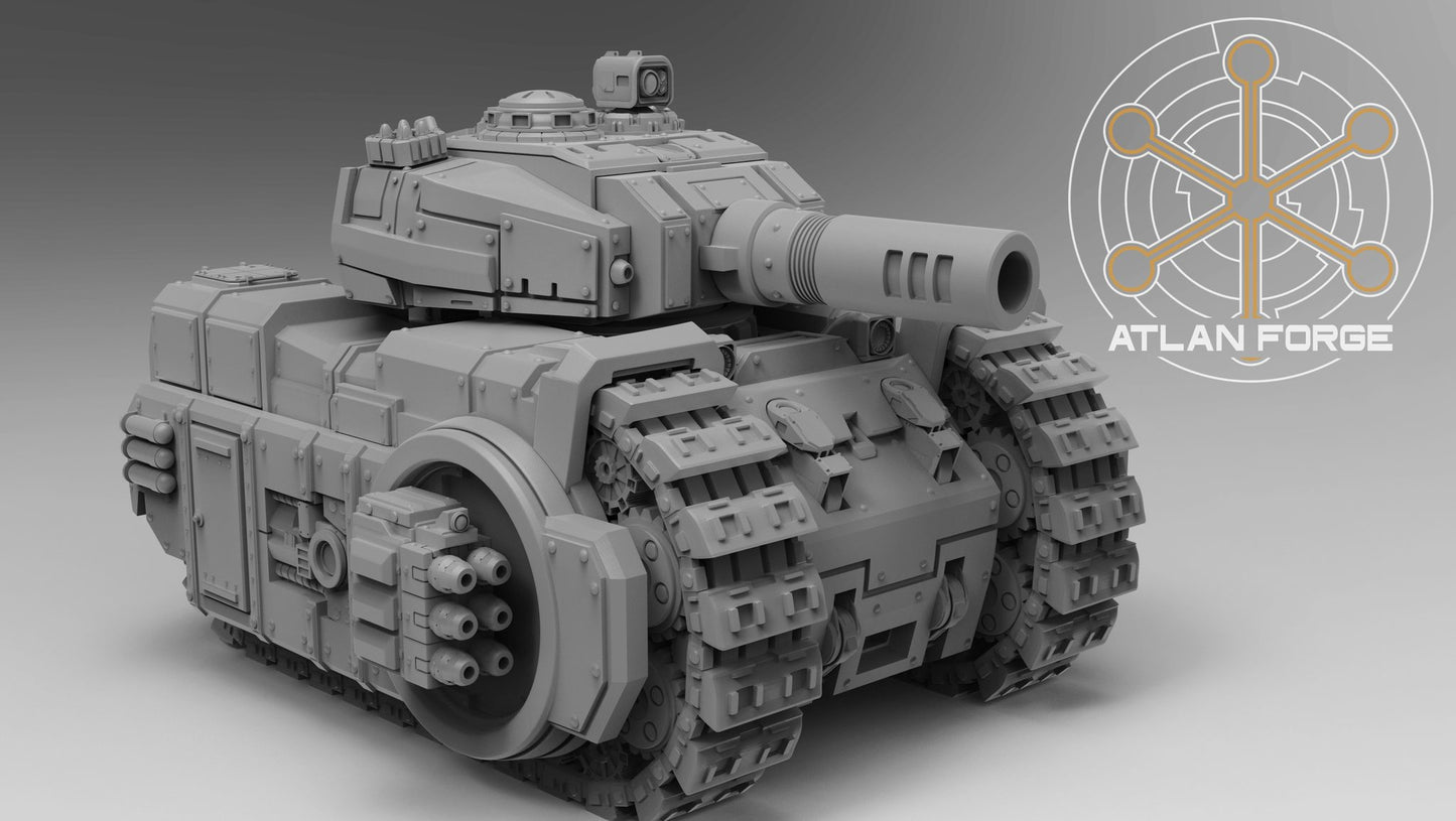 Close-up front view of tank turret and main cannon barrel with secondary weapon mounts visible