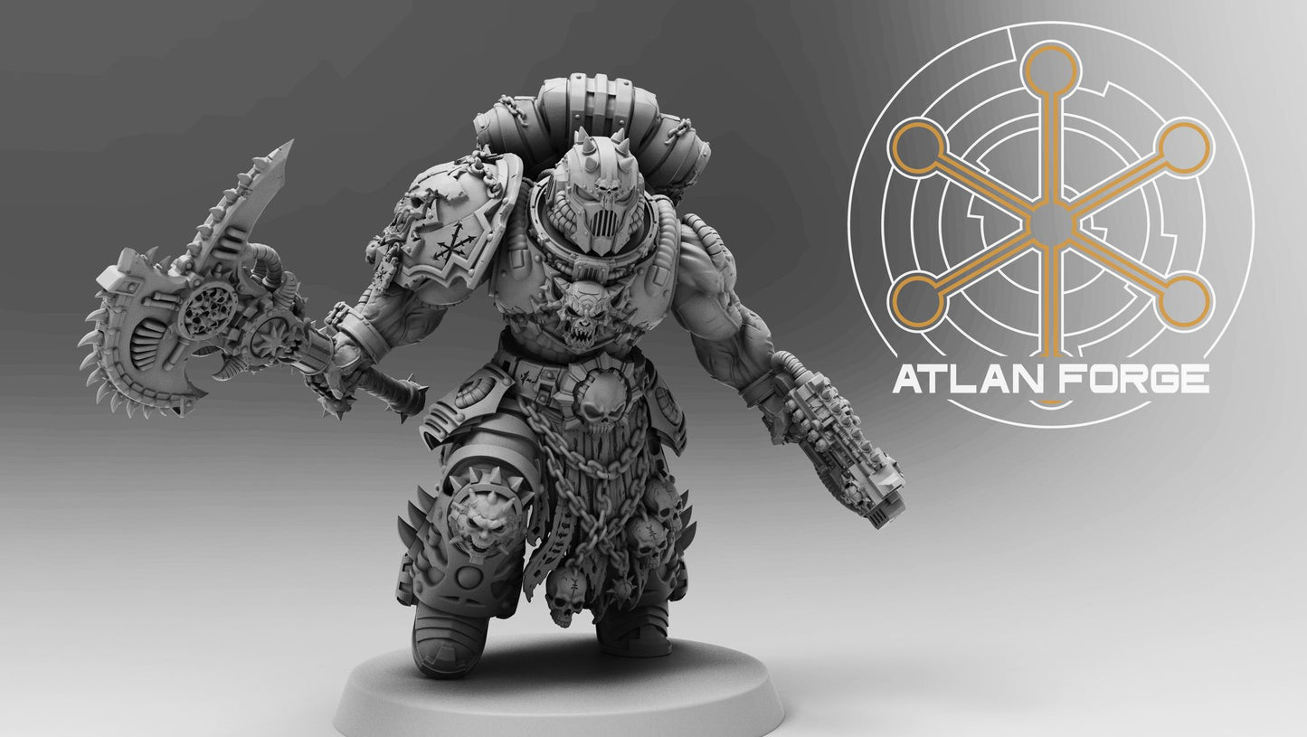 Neutral grey studio shot showing right-side profile and chainsaw axe blade detail on the armoured champion