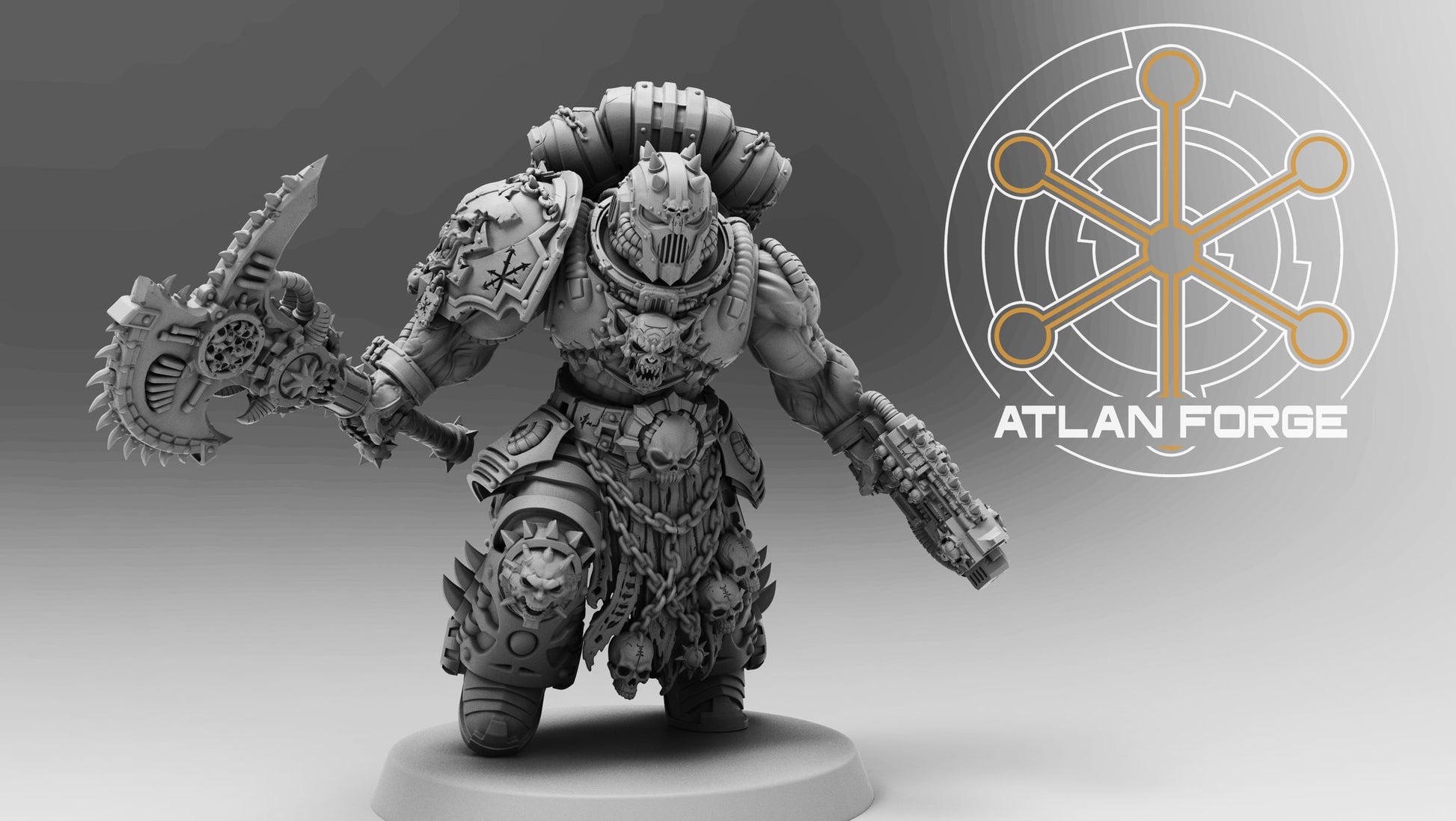 Neutral grey studio shot showing right-side profile and chainsaw axe blade detail on the armoured champion