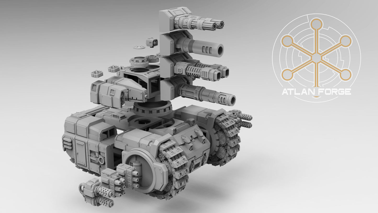 Exploded parts view showing turret components, hull sections and weapon options separated for clarity